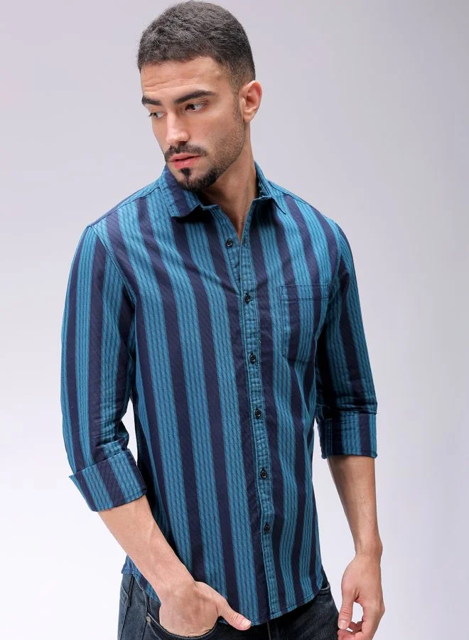 The Indian Garage Co Men Slim Fit Striped Full Sleeves Cutaway Collar Casual Shirt