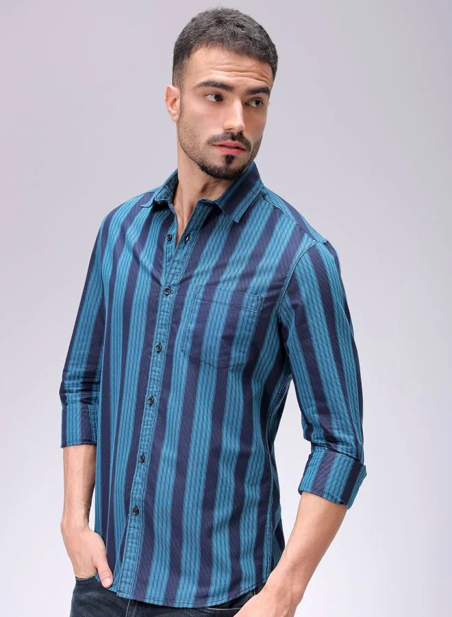 The Indian Garage Co Men Slim Fit Striped Full Sleeves Cutaway Collar Casual Shirt