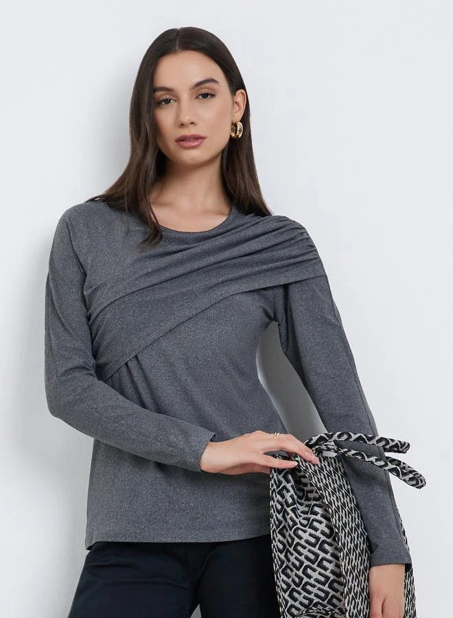 Take Two Take Two Women Grey Solid Ruched Detail Long Sleeve Top