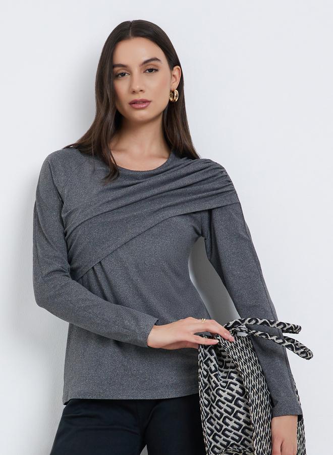 Take Two Women Grey Solid Ruched Detail Long Sleeve Top - Image 1