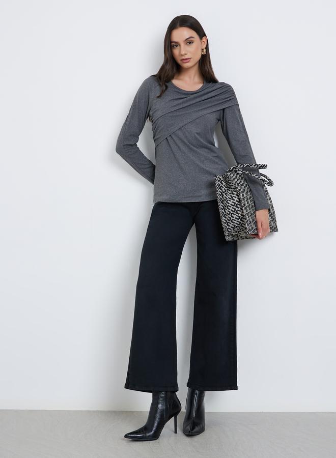 Take Two Women Grey Solid Ruched Detail Long Sleeve Top - Image 2