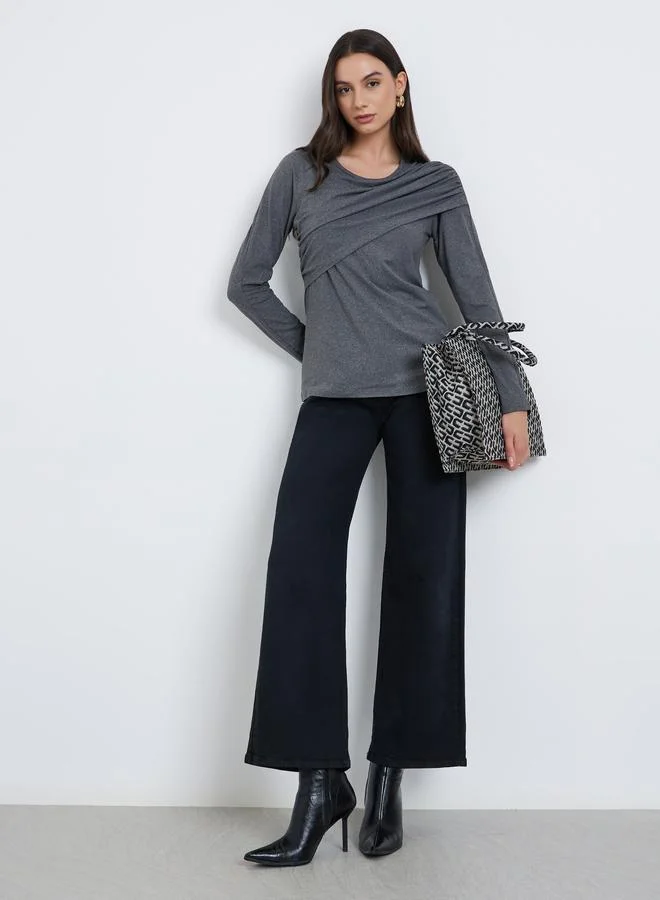 Take Two Take Two Women Grey Solid Ruched Detail Long Sleeve Top