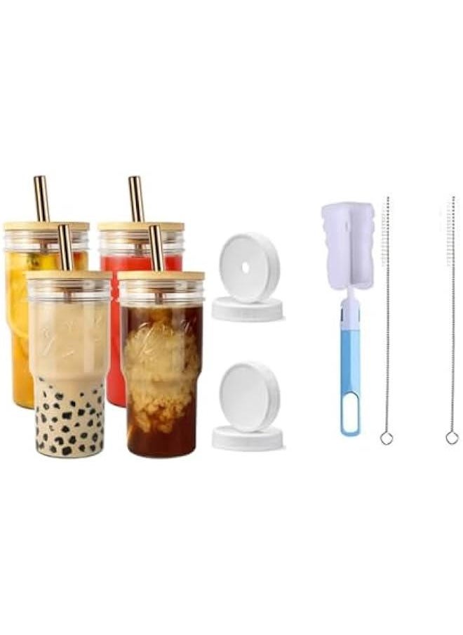 هوكور HOOKOR 4 PCS Glass Cup with Straw Set, 22 oz Drinking Glass Kit with Stainless Steel Straws, Cup Washer,Sponge Straw Cleaning Brush, for Iced Coffee Tea Juice Cocktail Whiskey Beer  - Image 1