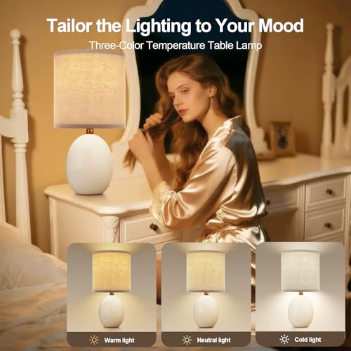 Dawnwake 18.5" Table Lamp Set of 2 for Living Room Bedroom, Bedside Lamps for Night Stands, Desk Nightstand Lamp Dimmable, Modern Linen Cream Ceramic Lamps (White-B) - Image 2