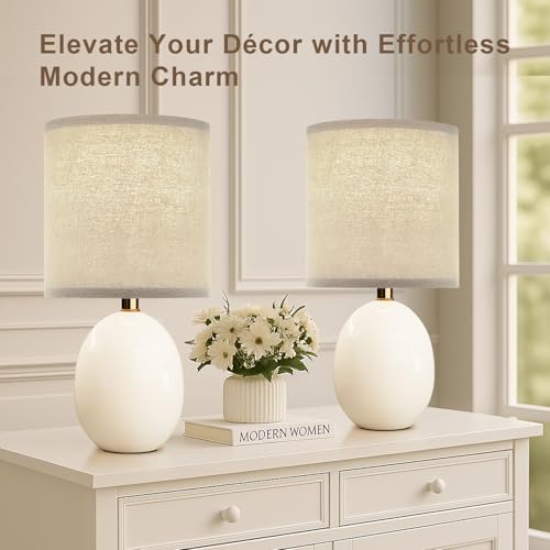 Dawnwake 18.5" Table Lamp Set of 2 for Living Room Bedroom, Bedside Lamps for Night Stands, Desk Nightstand Lamp Dimmable, Modern Linen Cream Ceramic Lamps (White-B) - Image 4