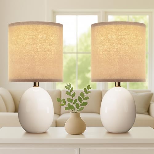 Dawnwake 18.5" Table Lamp Set of 2 for Living Room Bedroom, Bedside Lamps for Night Stands, Desk Nightstand Lamp Dimmable, Modern Linen Cream Ceramic Lamps (White-B) - Image 1