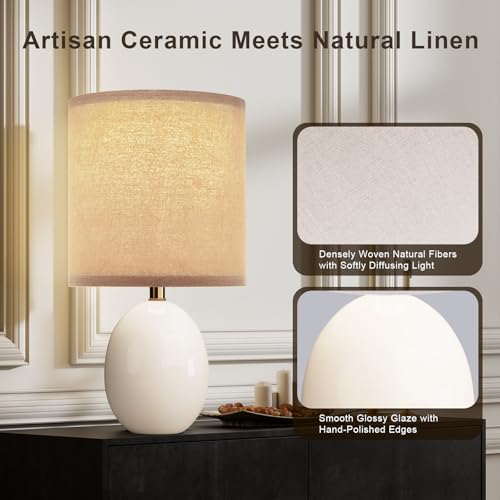Dawnwake 18.5" Table Lamp Set of 2 for Living Room Bedroom, Bedside Lamps for Night Stands, Desk Nightstand Lamp Dimmable, Modern Linen Cream Ceramic Lamps (White-B) - Image 5