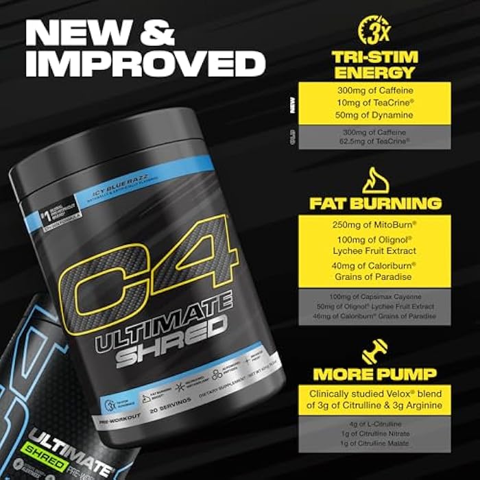 C4 Cellucor C4 Ultimate Shred Pre Workout Powder, Fat Burner for Men & Women, Weight Loss Supplement with Ginger Root Extract, Icy Blue Razz, 20 Servings - Image 4