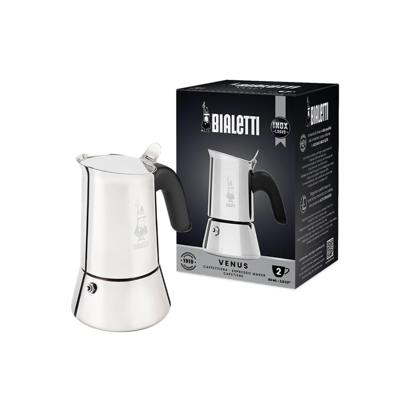 BIALeTTI Bialetti  New Venus stainless steel espresso coffee machine suitable for all types of stoves 2 cups 85 ml aluminium silver Not induction safe