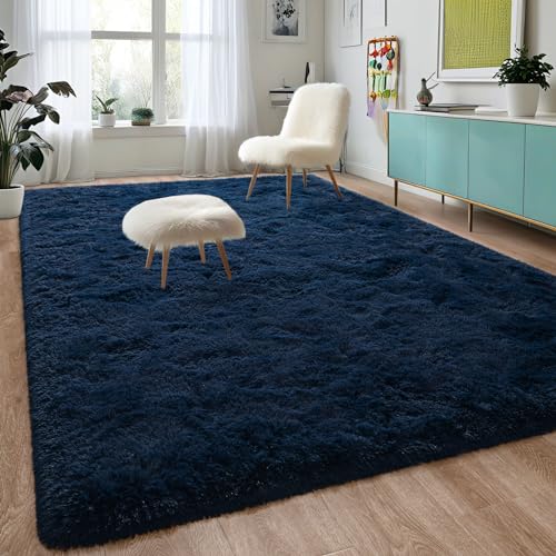 DweIke Fluffy Navy Blue Rugs for Bedroom Living Room, 4x6 Feet Soft Plush Shaggy Dark Blue Girls Boys Kids Rug, Non-Slip and Machine Washable Carpet for Dorm Nursery Classroom Decor - Image 2
