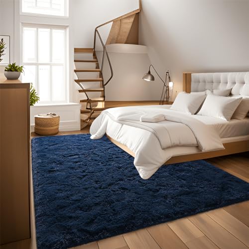 DweIke Fluffy Navy Blue Rugs for Bedroom Living Room, 4x6 Feet Soft Plush Shaggy Dark Blue Girls Boys Kids Rug, Non-Slip and Machine Washable Carpet for Dorm Nursery Classroom Decor - Image 5