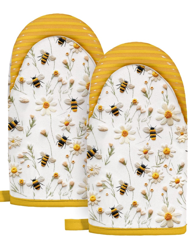 Slohif Bee Mini Oven Mitts Set â€“ Yellow Extended Short Heat Resistant Kitchen Gloves for Women, 100% Cotton Oven Mitts with Silicone Grips, Non-Slip and Thick Durable for Cooking & Baking - Image 1