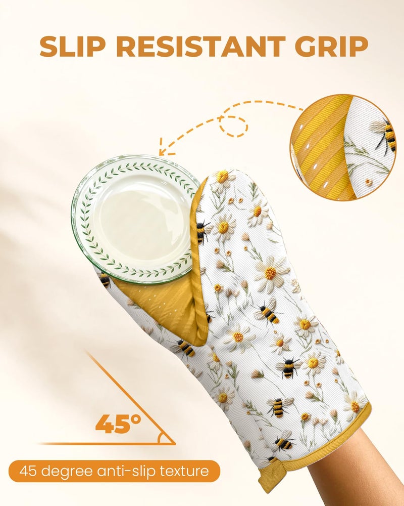 Slohif Bee Mini Oven Mitts Set â€“ Yellow Extended Short Heat Resistant Kitchen Gloves for Women, 100% Cotton Oven Mitts with Silicone Grips, Non-Slip and Thick Durable for Cooking & Baking - Image 4