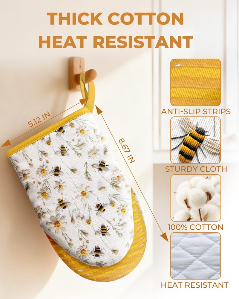 Slohif Bee Mini Oven Mitts Set â€“ Yellow Extended Short Heat Resistant Kitchen Gloves for Women, 100% Cotton Oven Mitts with Silicone Grips, Non-Slip and Thick Durable for Cooking & Baking - Image 2