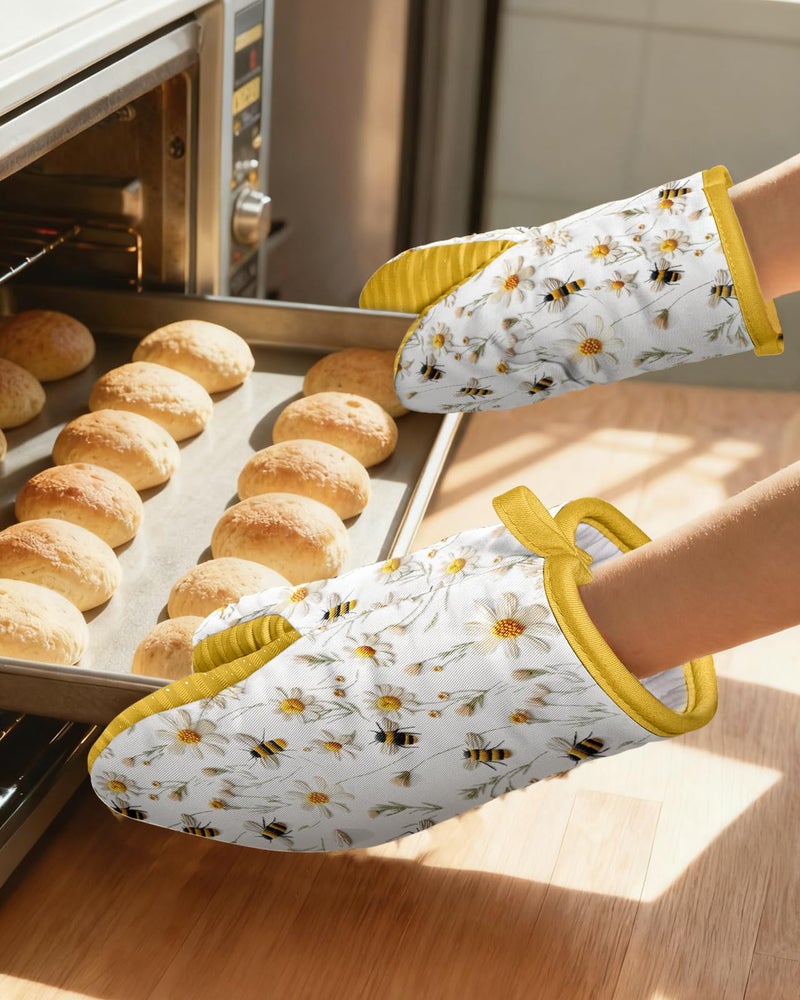 Slohif Bee Mini Oven Mitts Set â€“ Yellow Extended Short Heat Resistant Kitchen Gloves for Women, 100% Cotton Oven Mitts with Silicone Grips, Non-Slip and Thick Durable for Cooking & Baking - Image 5