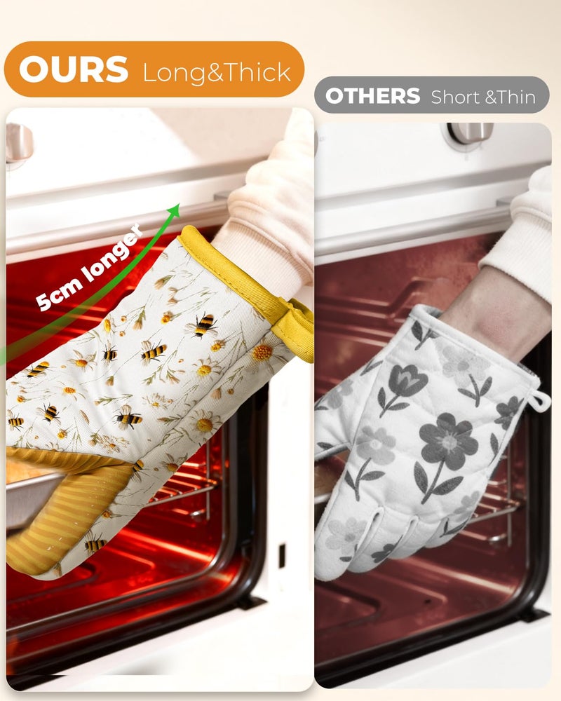 Slohif Bee Mini Oven Mitts Set â€“ Yellow Extended Short Heat Resistant Kitchen Gloves for Women, 100% Cotton Oven Mitts with Silicone Grips, Non-Slip and Thick Durable for Cooking & Baking - Image 3