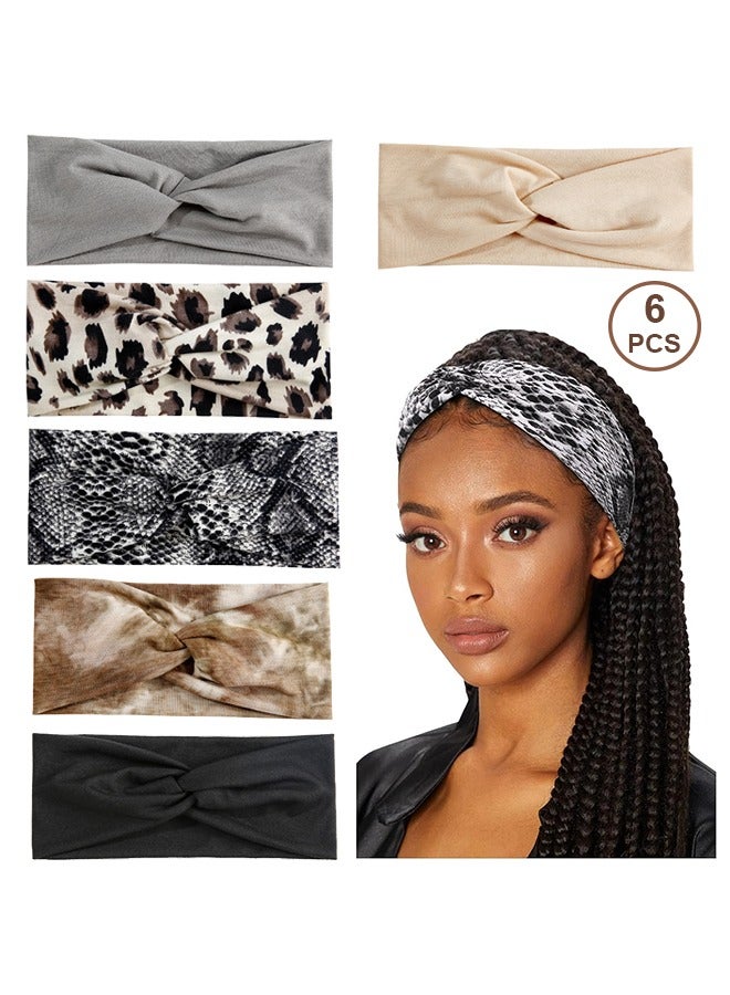 Captaintech 6Pcs Wide Twist Headbands for Women, Boho Turban, No Slip Wide Twisted Knot Hairbands, Leopard Print Serpentine Tie-Dye Solid Color Style Stretchy Criss Cross Head Band for Yoga Sport Workout - Image 1