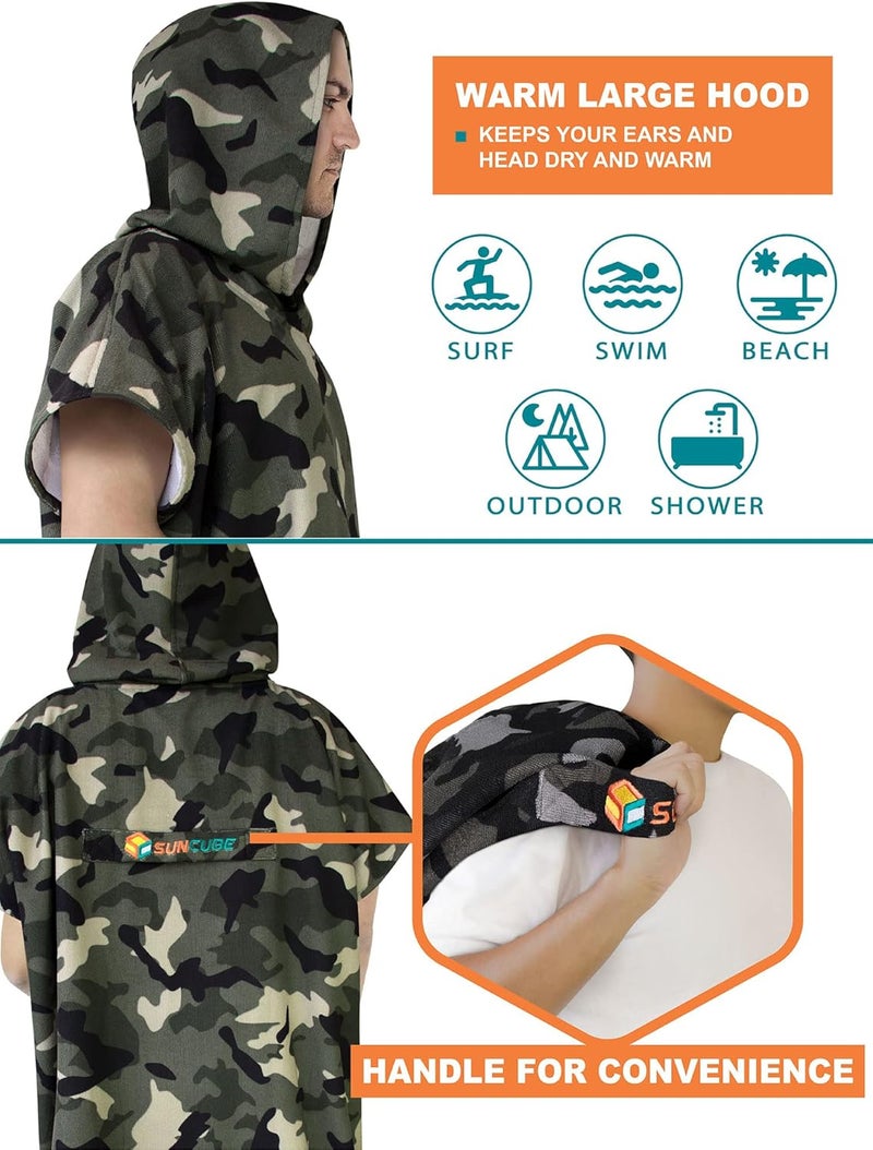 Suncube Surf Poncho Changing Robe with Hood | Quick Dry Microfiber Wetsuit Changing Towel with Pocket for Surfing Men Women, Camo Green, One size - Image 4