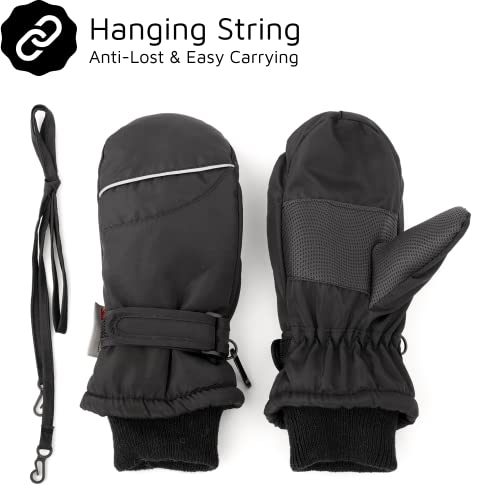 F Flammi Toddler Kids Snow Mittens with String Waterproof Ski Mittens Thinsulate Winter Gloves for Baby Girls Boys(Plain Black,4-6) - Image 3
