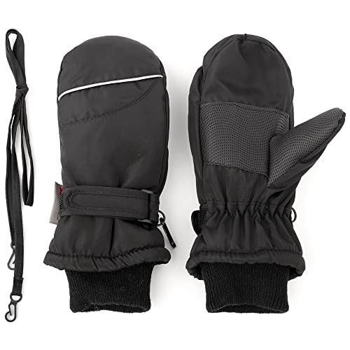 F Flammi Toddler Kids Snow Mittens with String Waterproof Ski Mittens Thinsulate Winter Gloves for Baby Girls Boys(Plain Black,4-6) - Image 1