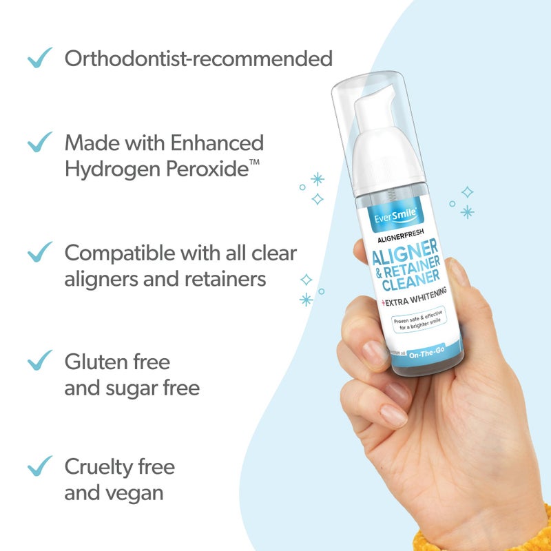 EverSmile إيفر سمايل ألينر فريش رغوة تبييض إضافية - منظف متوافق مع جميع أجهزة التقويم الشفافة والحافظات - يقضي على البكتيريا، يبيض الأسنان، يحارب رائحة الفم الكريهة - 50 مل (1 عبوة) - Image 3