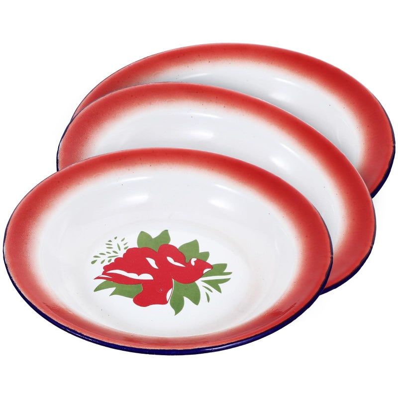 3 Pcs Floral Enamel Plates 20cm Chinese Style Round Side Dishes for Dining - Image 2