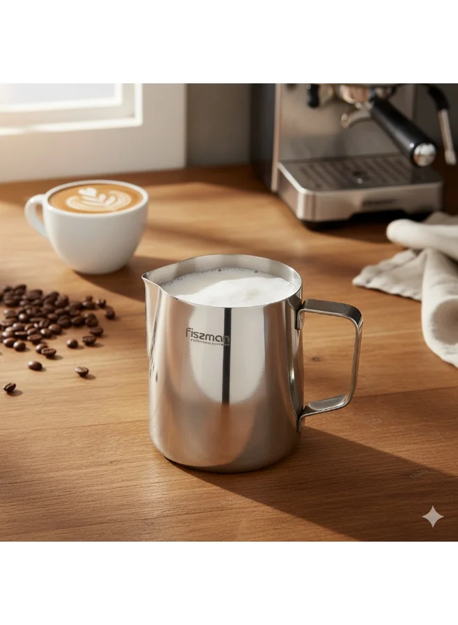 Fissman Milk Frothing Pitcher 600ml – Stainless Steel Milk Steaming Jug for Coffee, Latte Art, Cappuccino, Espresso – Barista Frother Cup with Handle