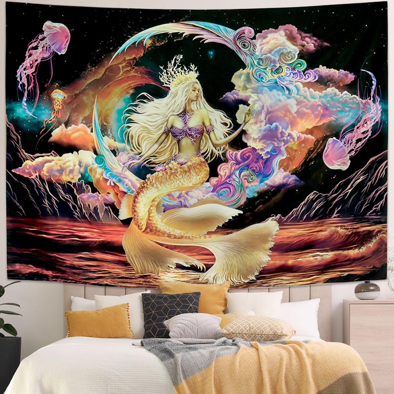 Generleo Blacklight Mermaid Moon Fantasy Galaxy Space Jellyfish UV Reactive Mountain Ocean Wave Glow In The Dark Tapestry Wall Hanging for Room - Image 2