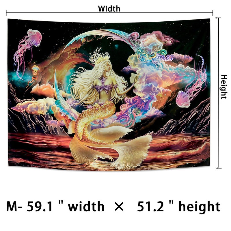 Generleo Blacklight Mermaid Moon Fantasy Galaxy Space Jellyfish UV Reactive Mountain Ocean Wave Glow In The Dark Tapestry Wall Hanging for Room - Image 5