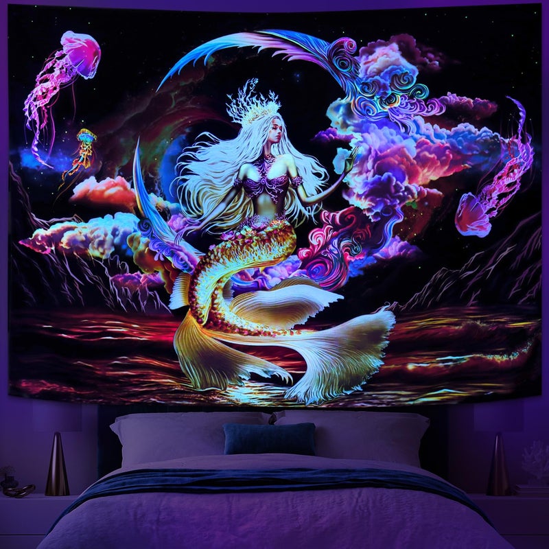 Generleo Blacklight Mermaid Moon Fantasy Galaxy Space Jellyfish UV Reactive Mountain Ocean Wave Glow In The Dark Tapestry Wall Hanging for Room - Image 1