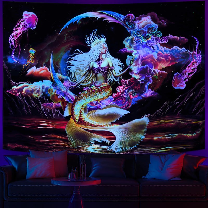 Generleo Blacklight Mermaid Moon Fantasy Galaxy Space Jellyfish UV Reactive Mountain Ocean Wave Glow In The Dark Tapestry Wall Hanging for Room - Image 3