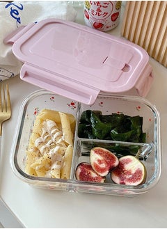 HOMESTAR Printing 3 compartment Food Meals Storage Container Gilrs Glass Lunch Box BPA-Free Fruit Vegetable Bento Box Microwave Oven Freezer Dishwasher Pink  - Image 1