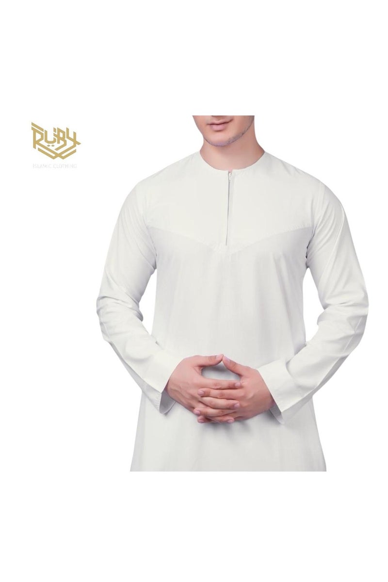 RUBY ISLAMIC CLOTHING Men's Cream Emirati Thobe jubba dishdasha with Front Zip Closure Traditional Kandura with premium fabric - Image 2