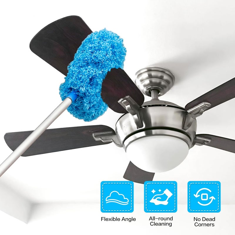 Heonay Ceiling Fan Cleaner Duster Reusable Microfiber Ceiling Fan Blade Cleaner Removable Duster with Extension Pole Adjusts 13 to 49.7 Inch for Cleaning Walls Bookshelves Furniture Door Window Top (Blue) - Image 2