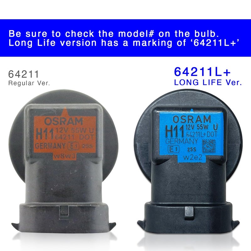 OSRAM مصابيح أمامية هالوجين أصلية قياسية OSRAM H11 OEM 12V 55W 64211L+ (عمر طويل) مصنوعة في ألمانيا | عبوة من 2 - Image 3