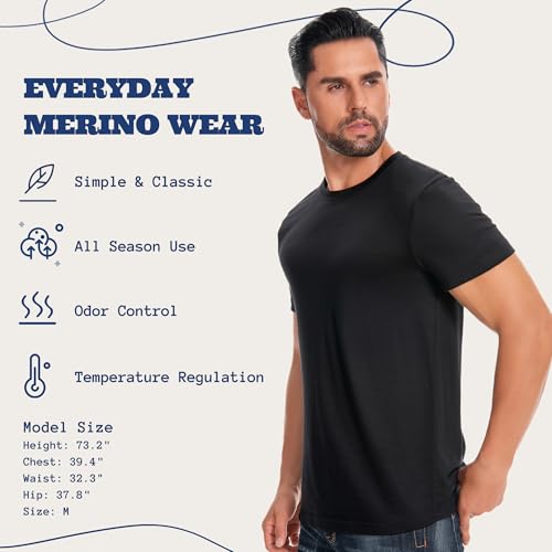 ACUSHLA 100 Merino Wool TShirt Mens Short Sleeve Undershirt Lightweight Thermal Base Layer Crew Neck Tank Tops Breathable Soft Odor Resistance SXXL Black - Image 3