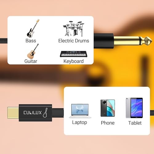 Cubilux Guitar to USB C Cable Compatible with iPhone 17/16/15 Pro Max, iPad Pro, MacBook, Samsung S25/S24/S23/S22 Pixel 10/9/8/7 Pro, Laptop, Type C to 6.35mm 1/4-in Line-in Cord for Instruments, 6 FT - Image 3