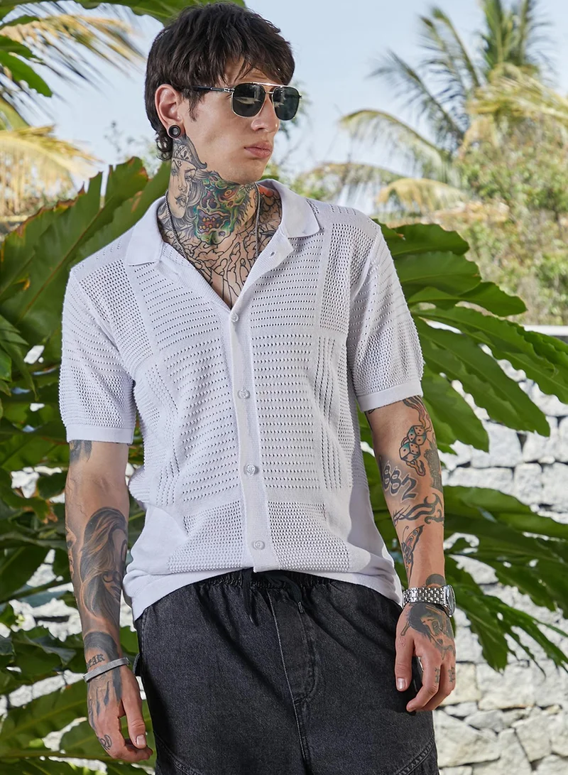 Campus Sutra Campus Sutra Men's Chalk White Grid Open-Knit Shirt For Casual Wear | Polo Neck | Short Cuffed Sleeves | Button Closure | Shirt Crafted With Comfort Fit For Everyday Wear