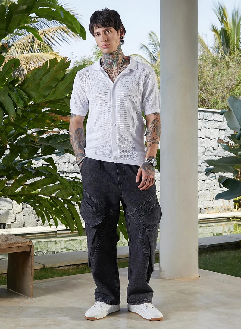 Campus Sutra Campus Sutra Men's Chalk White Grid Open-Knit Shirt For Casual Wear | Polo Neck | Short Cuffed Sleeves | Button Closure | Shirt Crafted With Comfort Fit For Everyday Wear