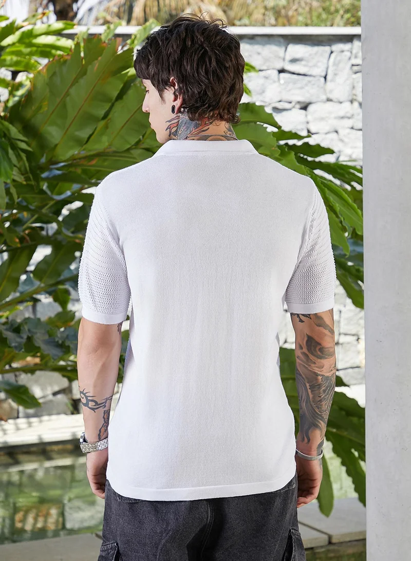 Campus Sutra Campus Sutra Men's Chalk White Grid Open-Knit Shirt For Casual Wear | Polo Neck | Short Cuffed Sleeves | Button Closure | Shirt Crafted With Comfort Fit For Everyday Wear