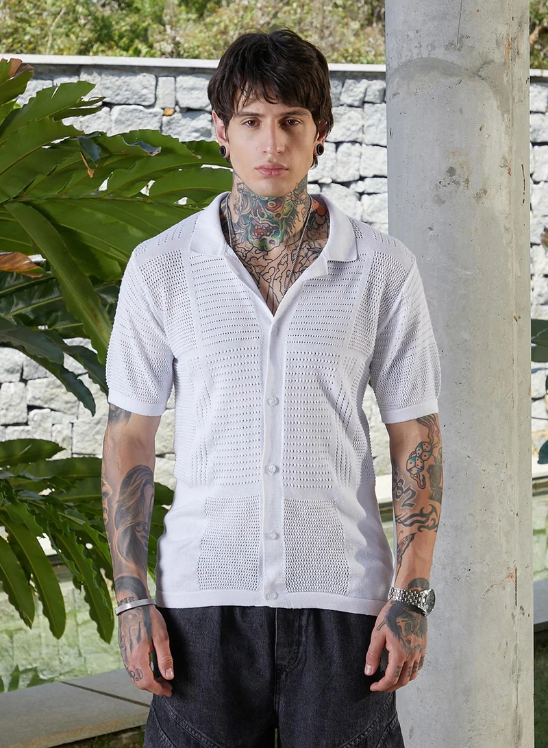 Campus Sutra Campus Sutra Men's Chalk White Grid Open-Knit Shirt For Casual Wear | Polo Neck | Short Cuffed Sleeves | Button Closure | Shirt Crafted With Comfort Fit For Everyday Wear