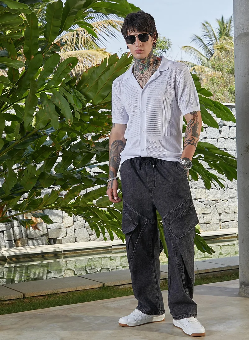 Campus Sutra Campus Sutra Men's Chalk White Grid Open-Knit Shirt For Casual Wear | Polo Neck | Short Cuffed Sleeves | Button Closure | Shirt Crafted With Comfort Fit For Everyday Wear