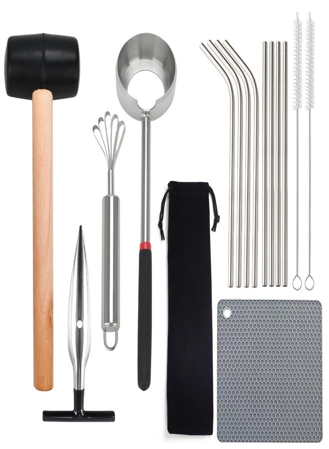 HPMAISON Coconut Opener Tool Set Safe & Easy Coconuts Tool to Open Young & Mature Coconuts with Stainless Steel Coconut Grater Scraper Rubber Mallet Meat Removal Coco Nut Opener Silicone Mat Straw Bag - Image 1