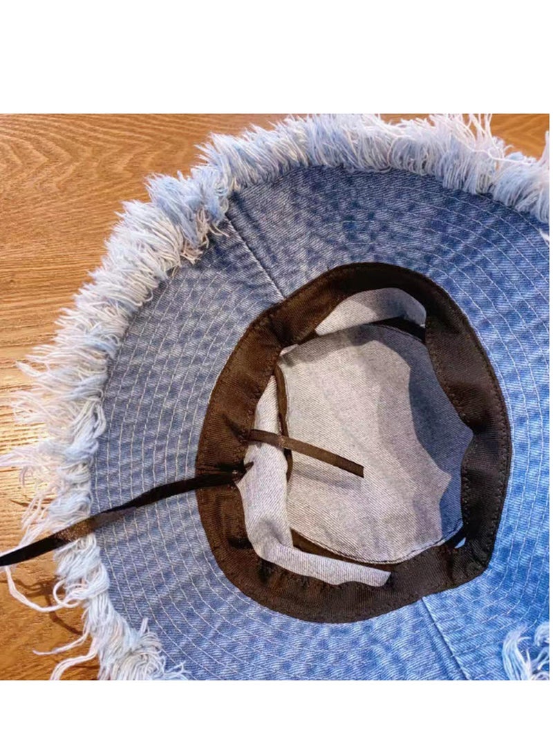 Excefore Denim Bucket Hats, Sun Hats for Beach Vacation, Unisex Wide Brim Fisherman Hats, Y2K Tassel Bucket Cap, Aesthetic Foldable Panama Hats, Summer Casual Cotton Distressed Ripped Edge Design(Large Brim) - Image 4