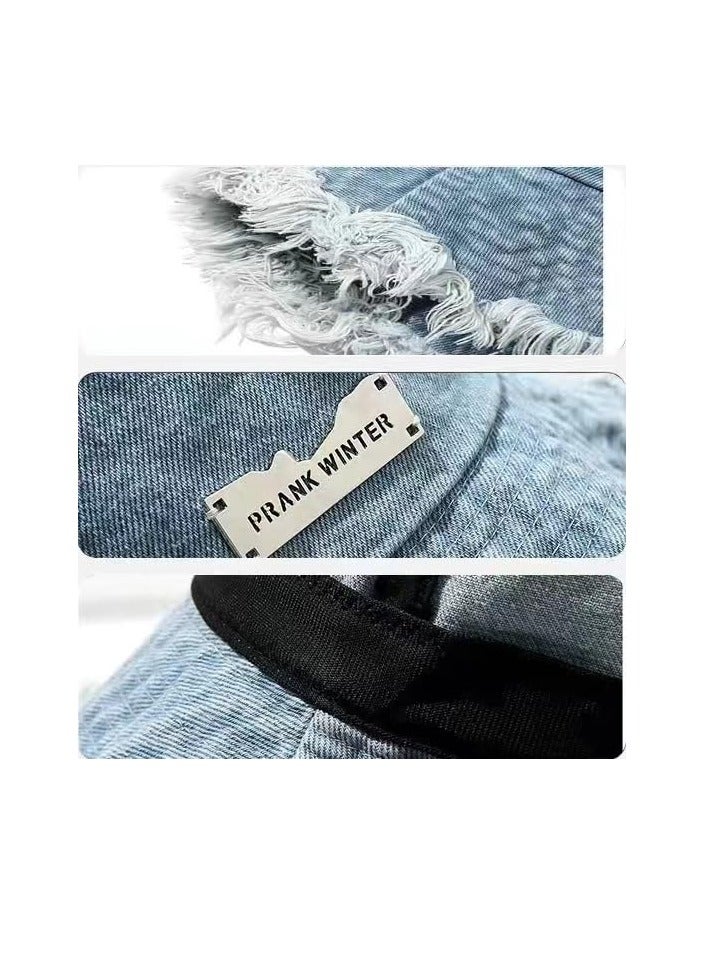 Excefore Denim Bucket Hats, Sun Hats for Beach Vacation, Unisex Wide Brim Fisherman Hats, Y2K Tassel Bucket Cap, Aesthetic Foldable Panama Hats, Summer Casual Cotton Distressed Ripped Edge Design(Large Brim) - Image 5