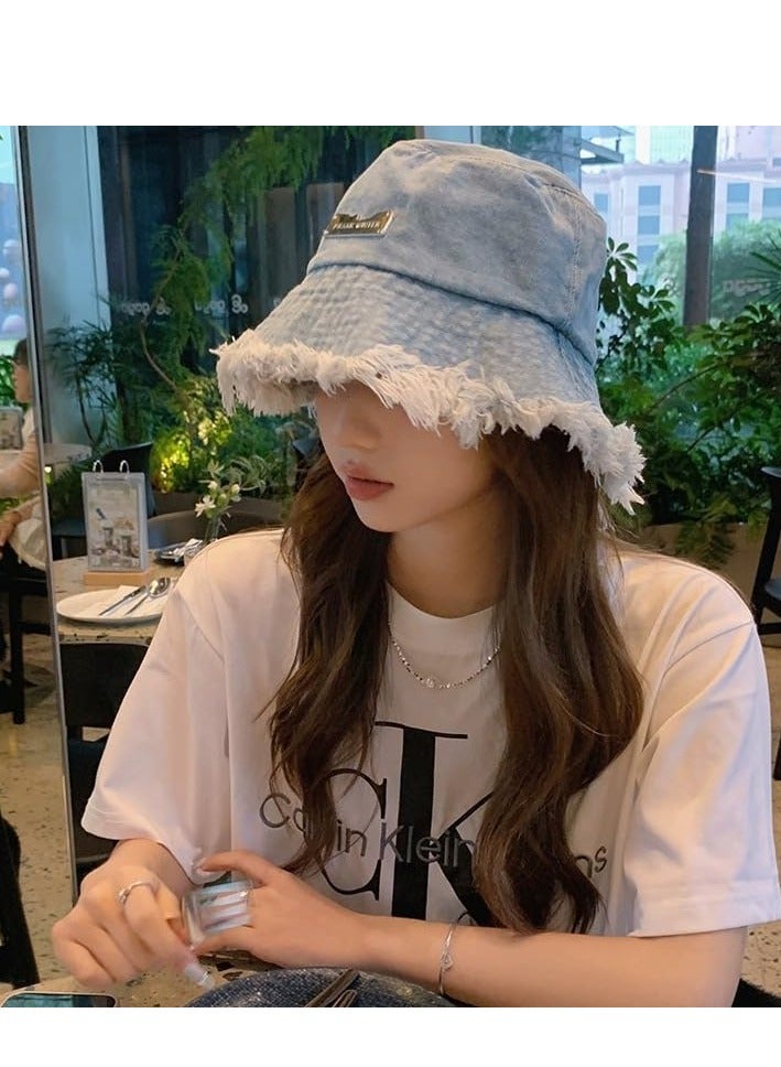 Excefore Denim Bucket Hats, Sun Hats for Beach Vacation, Unisex Wide Brim Fisherman Hats, Y2K Tassel Bucket Cap, Aesthetic Foldable Panama Hats, Summer Casual Cotton Distressed Ripped Edge Design(Large Brim) - Image 2