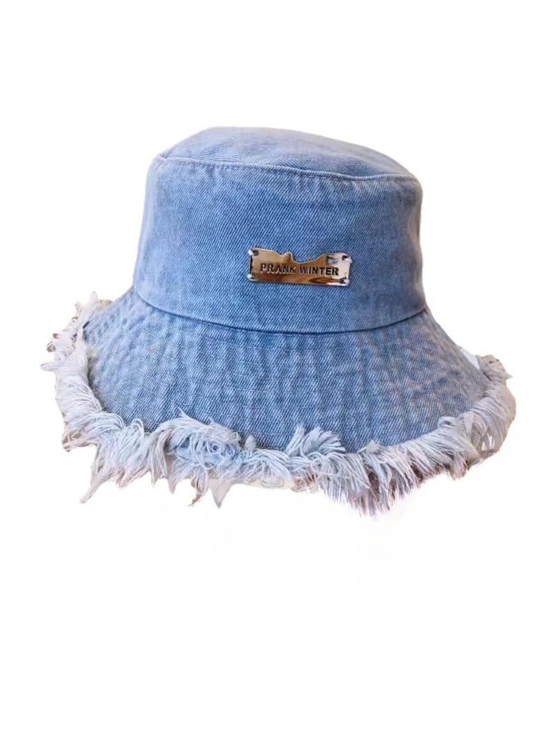 Excefore Denim Bucket Hats, Sun Hats for Beach Vacation, Unisex Wide Brim Fisherman Hats, Y2K Tassel Bucket Cap, Aesthetic Foldable Panama Hats, Summer Casual Cotton Distressed Ripped Edge Design(Large Brim) - Image 1