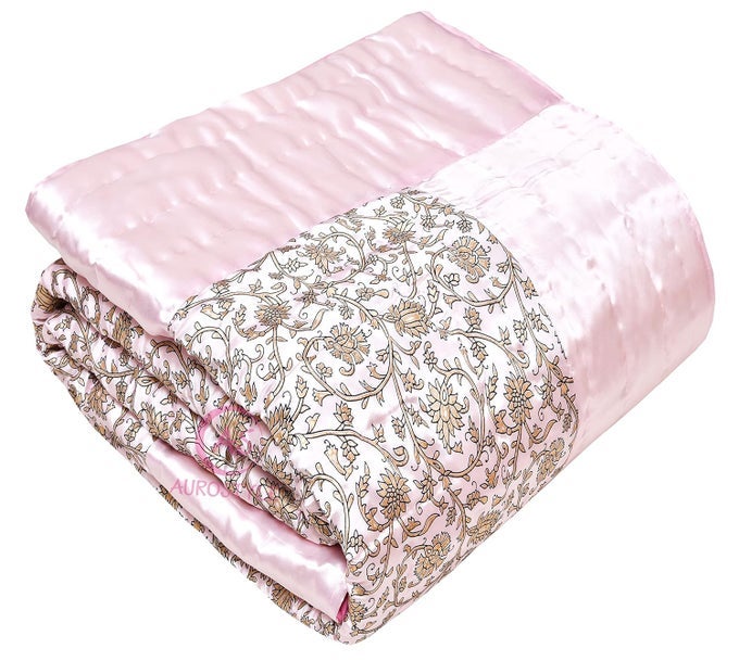 RAJASTHANI COTTON FILLED LIGHT WEIGHT SILK SOFT JAIPURI AC QUILTRAZAI DOHAR OVER ALL FLORAL PRINT DESIGN WITH GOLD PRINT QUILTS BLANKETS FOR HOME 85X55 INCHLIGHT PINK JAAL PRINT SINGLE BED