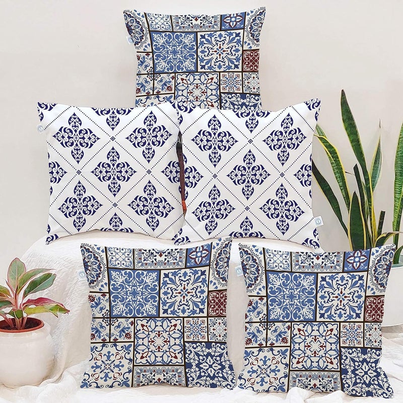 STITCHNEST Ethnic Persian Art Box Printed Poly Cotton Blue Brown Cushion CoversSet of 5 18 x 18 Inches