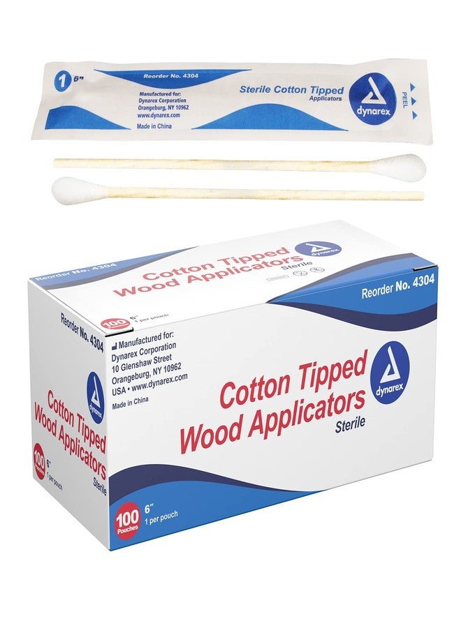 Dynarex 6-Inch Sterile Cotton Tipped Applicators - Single-Use Wooden Cotton Tip Applicators for Wound Care & Dressing, Hygiene, Makeup, Cleaning - 1 Box of 100 Pouches, 1 per Pouch - Image 1